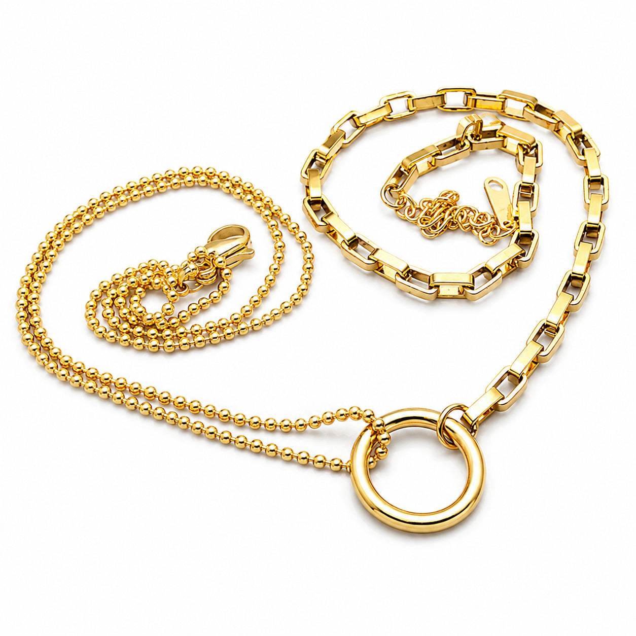 Double ring gold necklace made of stainless steel, circular, 3D design