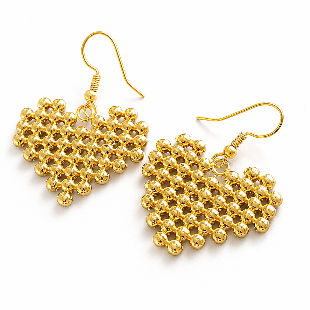 Popular gold bead heart earrings, stylish gift, hypoallergenic, simple, three-dimensional sparkle, gorgeous accessory