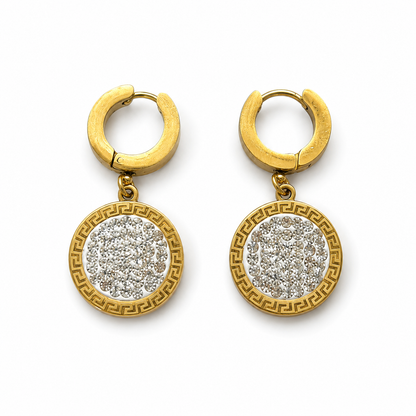 [Starry River Epitaph] Greek Key Pavé Round Plate Hoop Earrings (Elegantly Sparkling) 