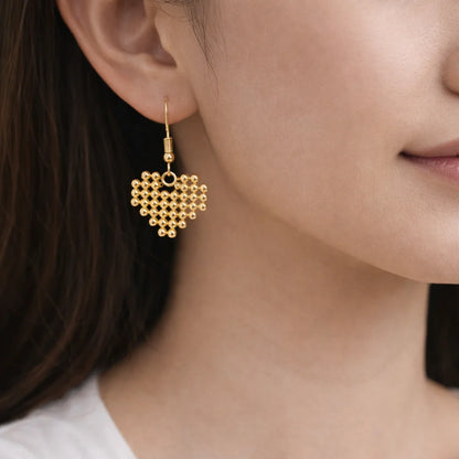 Popular gold bead heart earrings, stylish gift, hypoallergenic, simple, three-dimensional sparkle, gorgeous accessory