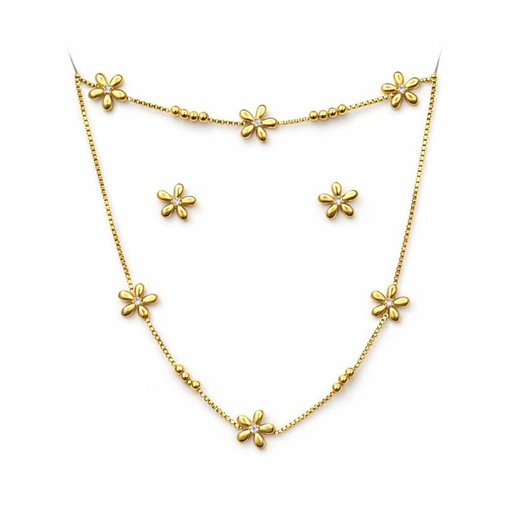 フラワーモチーフ ステンレススチール ジュエリ 3点セット - ネックレス ピアス ブレスレット