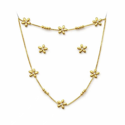 フラワーモチーフ ステンレススチール ジュエリ 3点セット - ネックレス ピアス ブレスレット