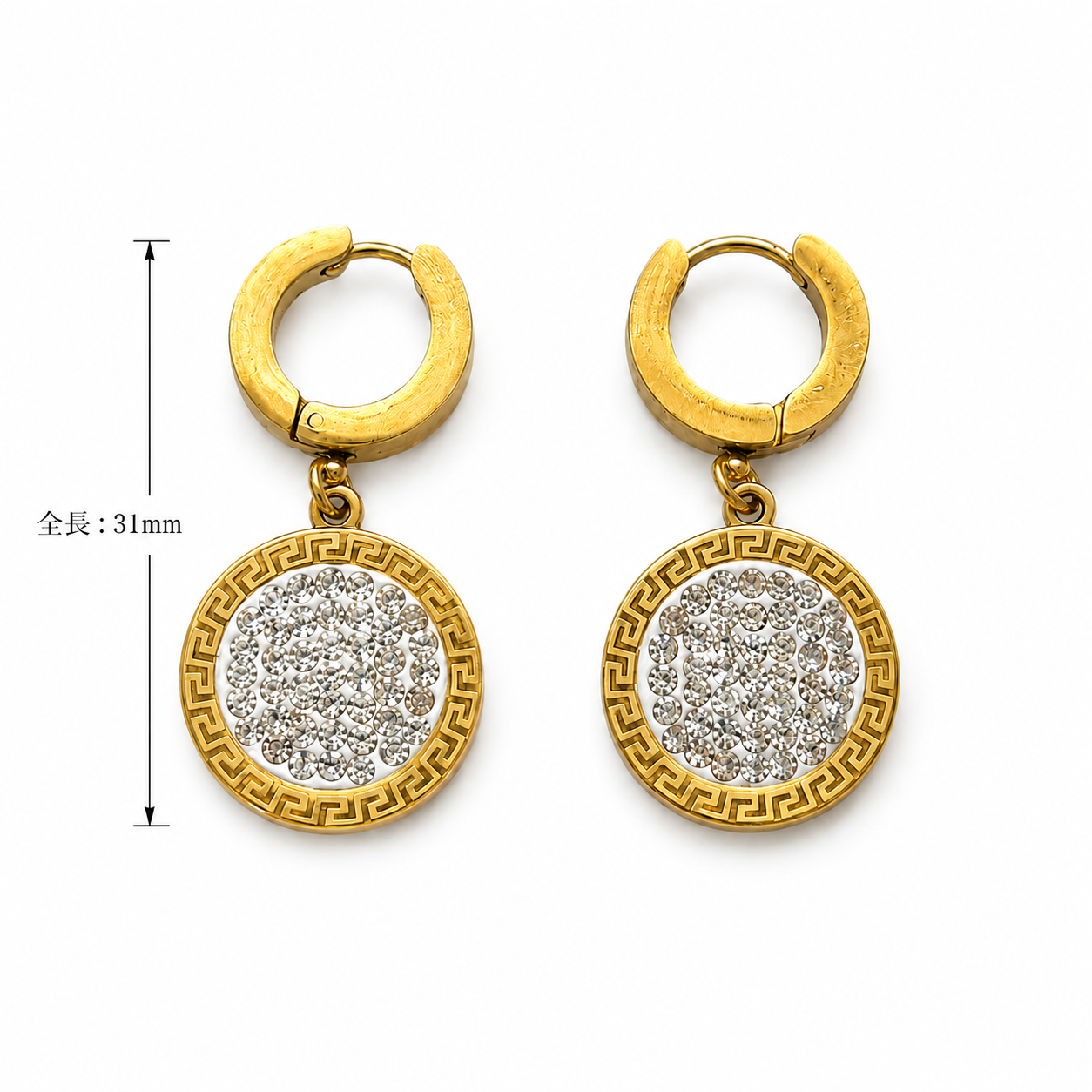 [Starry River Epitaph] Greek Key Pavé Round Plate Hoop Earrings (Elegantly Sparkling) 