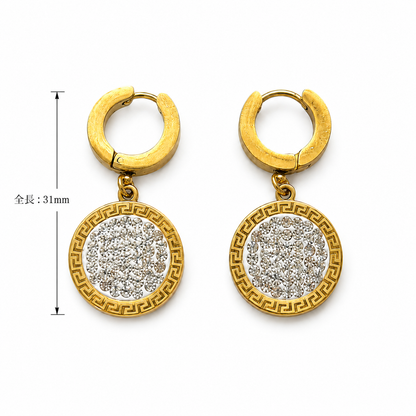 [Starry River Epitaph] Greek Key Pavé Round Plate Hoop Earrings (Elegantly Sparkling) 