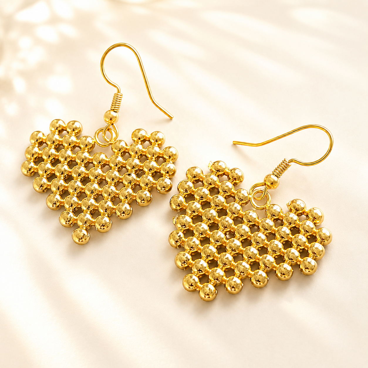Popular gold bead heart earrings, stylish gift, hypoallergenic, simple, three-dimensional sparkle, gorgeous accessory