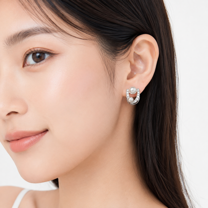 「XINXINIO」ダブルパール×ビジュー ウェーブイヤリング ピアス穴不要 上品パール付き 淡水パール 真珠 曲線