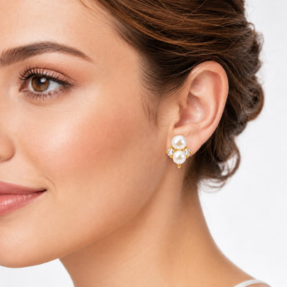 「XINXINIO」 2連パールイヤリング ゴールドカラー きれいめ デイリーアクセサリー 淡水パール 真珠 プレゼント 大人可愛い