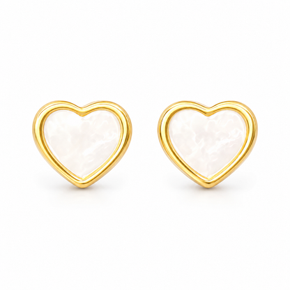 Cute white shell heart earrings with gold frame. Made of pure white Kamado.