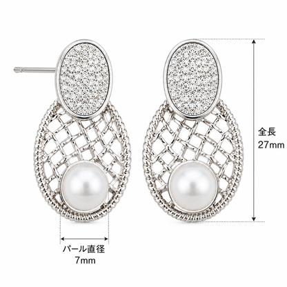 「XINXINIO」上品パール×きらめきストーンのオーバルピアス 大人可愛いシルバーデザイン 華やか オーバル パーティー 結婚式 プレゼント