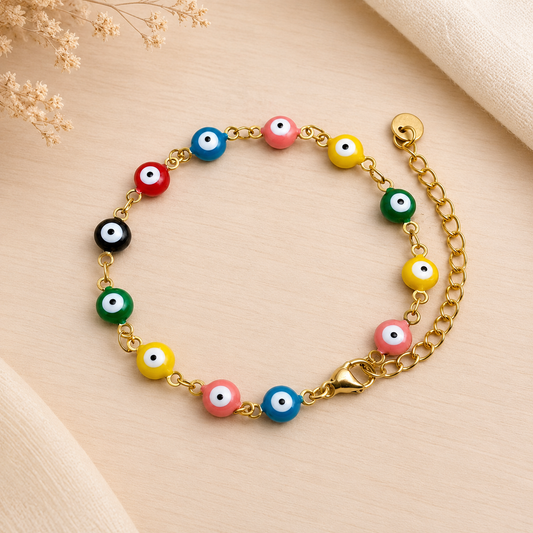 「XINXINIO」カラフルイービルアイ ゴールドブレスレット、彩りお守り、幸運、Evil Eye