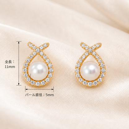 「XINXINIO」パール×ビジュー ドロップピアス 上品に輝く小さなアクセント 淡水パール 韓国風アクセサリー ゴールド