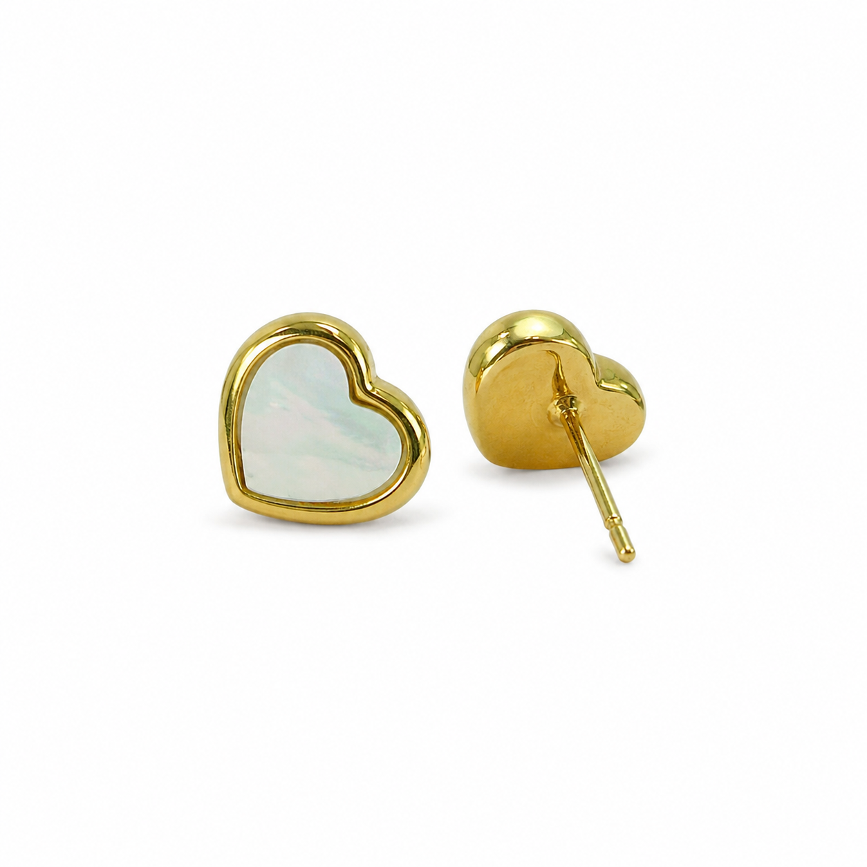 Cute white shell heart earrings with gold frame. Made of pure white Kamado.