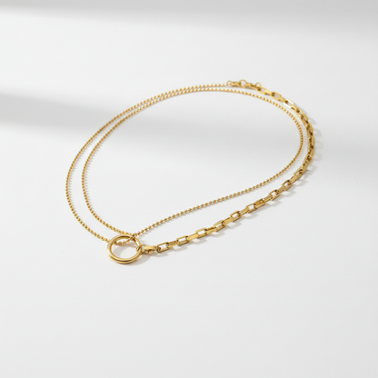Double ring gold necklace made of stainless steel, circular, 3D design